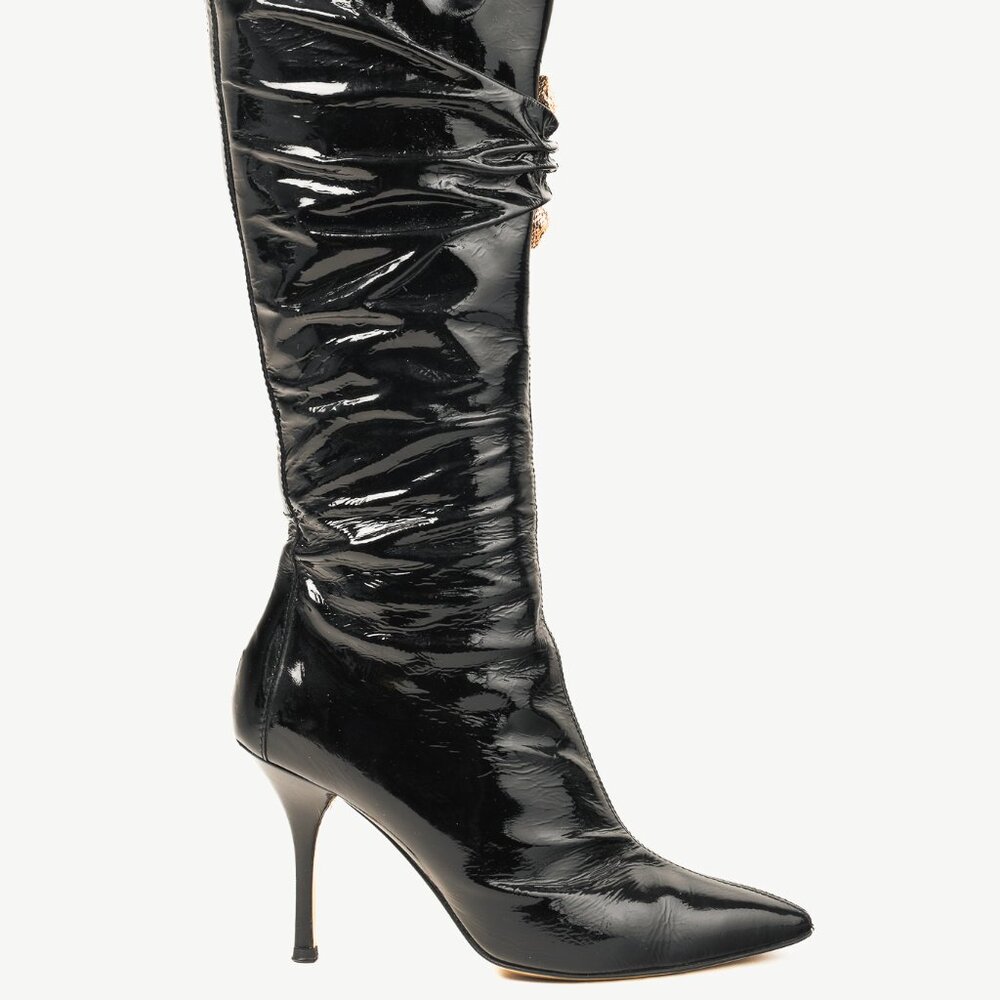 Roberto Cavalli Black Patent Leather Twin-Snake-Heads Tall Stiletto Boot